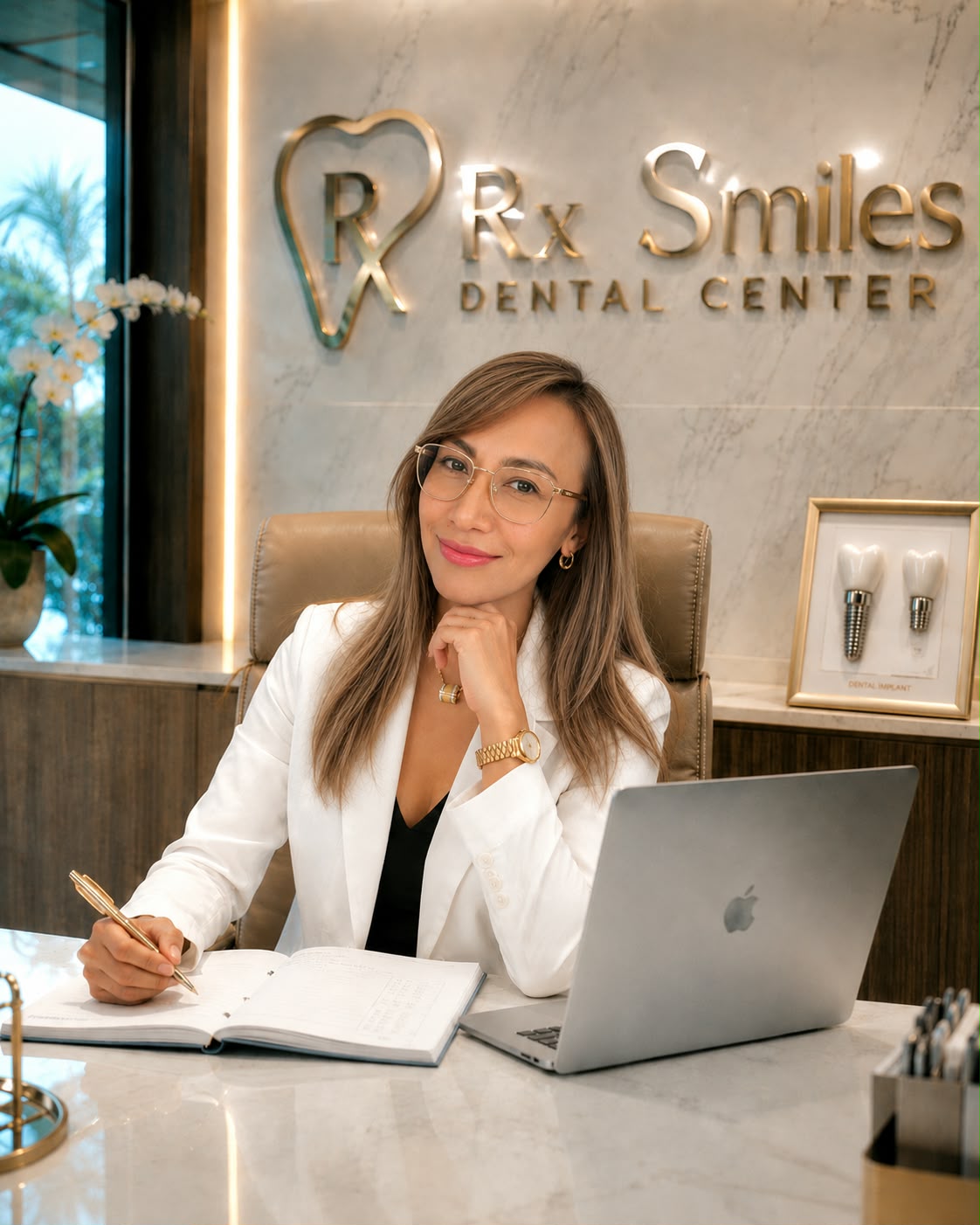 Dr. Wilma L. Antonio at her desk beneath the Rx Smiles Dental Center sign